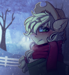 Size: 3366x3612 | Tagged: safe, artist:yumkandie, derpibooru import, applejack, earth pony, pony, g4, applejack's hat, breath, bust, clothes, cowboy hat, eye clipping through hair, eyebrows, eyebrows visible through hair, eyelashes, female, fence, fluffy, hairband, hat, heart, heart eyes, high res, looking at you, mare, outline, profile, scarf, signature, smiling, smiling at you, snow, snowfall, solo, sweater, sweet apple acres, tree, wingding eyes, winter