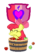 Size: 128x190 | Tagged: safe, artist:soup cream, derpibooru import, apple bloom, earth pony, pony, apple, apple bloom's bow, basket, bow, cheek bulge, cutie mark, eating, food, green apple, hair bow, pixel art, simple background, solo, transparent background