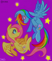 Size: 1600x1900 | Tagged: safe, artist:inzomniak, derpibooru import, fluttershy, rainbow dash, pegasus, pony, g4, backwards cutie mark, blushing, duo, duo female, female, flutterdash, flying, lesbian, looking at each other, looking at someone, mare, purple background, shipping, signature, simple background, smiling, smiling at each other, spread wings, stars, wings