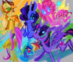 Size: 1476x1258 | Tagged: safe, artist:sandwichandeggs, derpibooru import, applejack, fluttershy, pinkie pie, rainbow dash, rarity, twilight sparkle, twilight sparkle (alicorn), alicorn, pegasus, pony, unicorn, g4, abstract background, alternate color palette, alternate eye color, applejack's hat, balloon, big eyes, blue coat, blue sclera, blush sticker, blushing, bust, clothes, colored eyelashes, colored sclera, cowboy hat, drawn from memory, eye clipping through hair, eyeshadow, female, golden eyes, green eyes, hair over one eye, hat, horn, lidded eyes, lineless, long legs, long mane, long tail, looking up, makeup, mane six, mare, multicolored hair, multicolored mane, multicolored tail, narrowed eyes, no mouth, open mouth, open smile, orange coat, pink mane, pink sclera, pink tail, purple coat, purple eyes, purple mane, purple tail, rainbow hair, raised hoof, raised leg, red eyes, smiling, spread wings, standing, stylized, tail, thin, wall of tags, wavy mane, white pupils, wide stance, wingding eyes, wings, yellow coat, yellow sclera