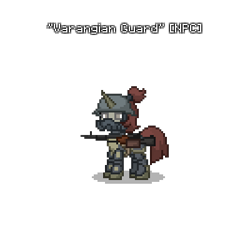 Size: 400x400 | Tagged: safe, derpibooru import, oc, oc only, unicorn, fallout equestria, armor, armored pony, ashes town, fallout, female, horn, lore, npc, simple background, solo, transparent background, unicorn oc, weapon