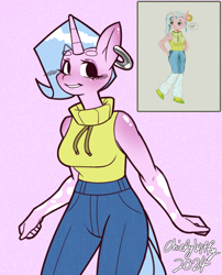 Size: 848x1052 | Tagged: safe, artist:chiefywiffy, derpibooru import, oc, oc only, oc:chiefy, anthro, unicorn, anthro oc, clothes, denim, ear piercing, female, horn, jeans, pants, piercing, simple background, sleeveless, sleeveless sweater, solo, sweater
