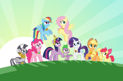 Size: 5000x3302 | Tagged: safe, artist:aleximusprime, derpibooru import, apple bloom, applejack, fluttershy, pinkie pie, rainbow dash, rarity, spike, twilight sparkle, unicorn twilight, zecora, earth pony, pegasus, pony, unicorn, zebra, g4, big crown thingy, element of generosity, element of honesty, element of kindness, element of laughter, element of loyalty, element of magic, elements of harmony, female, filly, flying, foal, grin, high res, horn, jewelry, male, mane seven, mane six, mare, open mouth, raised hoof, raised leg, regalia, smiling, sun, sunburst background