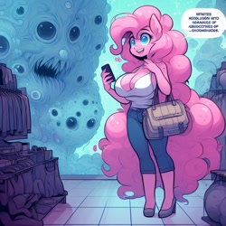 Size: 1024x1024 | Tagged: safe, ai content, derpibooru import, machine learning generated, pinkie pie, anthro, g4, adorasexy, bag, big breasts, body horror, breasts, capri pants, cellphone, cleavage, clothes, clothes rack, creature, creepy, curvy, cute, denim, eldritch abomination, eldritch horror, female, handbag, high heels, horror, huge breasts, jeans, monster, nightmare fuel, open mouth, pants, phone, pinkie pies, prompter:horselover fat, sexy, shoes, shopping, smiling, solo, speech bubble, standing, surreal, tanktop, tight clothing, tiled floor, unreadable text, weird, white shirt