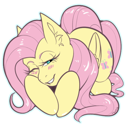 Size: 512x512 | Tagged: safe, artist:twoshoesmcgee, derpibooru import, fluttershy, pegasus, pony, g4, aside glance, blushing, cute, ear fluff, ears, female, folded wings, looking at you, lying down, mare, one eye closed, outline, prone, simple background, smiling, smiling at you, solo, sticker, transparent background, wings