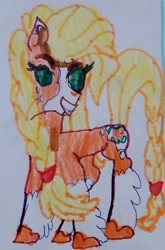 Size: 2740x4160 | Tagged: artist needed, safe, derpibooru import, applejack, earth pony, pony, g4, applejack (g5 concept leak), braid, drawing, female, g5 concept leak style, g5 concept leaks, mare, photo, smiling, solo, trace, traditional art