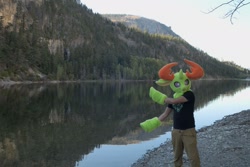 Size: 1280x856 | Tagged: safe, artist:azuritecoin, artist:limeythecheetah, derpibooru import, thorax, changedling, changeling, human, g4, clothes, cosplay, costume, fursuit, irl, irl human, king thorax, lake, mountain, outdoors, photo, water