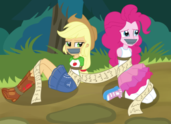 Size: 2500x1805 | Tagged: safe, artist:nie-martw-sie-o-mnie, derpibooru import, applejack, pinkie pie, human, equestria girls, g4, pinkie apple pie, bondage, boots, bound and gagged, clothes, cowboy boots, cowboy hat, denim, denim skirt, dress, duo, gag, hat, rope, rope bondage, shoes, skirt, tape, tape gag, tied up