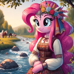 Size: 1024x1024 | Tagged: safe, ai content, derpibooru import, machine learning generated, pinkie pie, anthro, earth pony, horse, arm hooves, cyrillic, female, prompter needed, river, russian, slavic, solo, tree, water