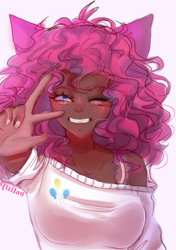 Size: 1360x1932 | Tagged: safe, artist:quilaq, derpibooru import, pinkie pie, human, alternate hairstyle, blushing, bra, bra strap, clothes, cute, dark skin, diapinkes, eared humanization, female, grin, humanized, one eye closed, peace sign, simple background, smiling, solo, sweater, underwear, white background, wink