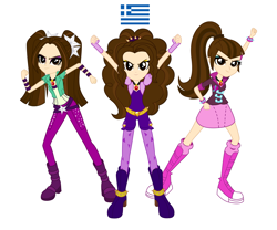 Size: 4937x4102 | Tagged: safe, artist:givralix, derpibooru import, edit, adagio dazzle, aria blaze, sonata dusk, human, equestria girls, g4, boots, brown eyes, brown hair, clothes, country, female, flag, greece, greek, greek flag, headcanon, human coloration, light skin, looking at you, my little pony equestria girls: rainbow rocks, realism edits, recolor, shoes, simple background, smiling, the dazzlings, trio, vector, vector edit, white background