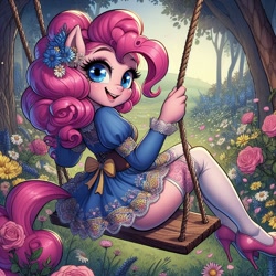 Size: 1024x1024 | Tagged: safe, ai content, derpibooru import, generator:dall-e 3, machine learning generated, pinkie pie, anthro, bow, clothes, corset, dress, flower, flower in hair, forest, grass, high heels, looking at you, looking back, looking back at you, nature, prompter:glimmy-glam, puffy sleeves, rope, rose, shoes, skirt, smiling, smiling at you, socks, stiletto heels, stockings, swing, swinging, thick, thigh highs, thighs, tree, white stockings