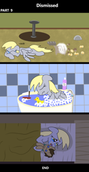 Size: 1920x3688 | Tagged: safe, artist:platinumdrop, derpibooru import, derpy hooves, doctor whooves, pegasus, pony, comic:dismissed, g4, 3 panel comic, alone, alternate timeline, bad end, bag, bath, bathroom, bathtub, bed, bedroom, blanket, boat, bowl, bubble, bubble bath, claw foot bathtub, comic, commission, covering face, crying, cuddling, depressed, despair, destruction, distressed, ears, ears back, egg, eyes closed, female, floppy ears, flour, folded wings, food, furniture, heartbreak, hiding face, home, house, in bed, indoors, kitchen, lonely, lying down, mare, misery, muffin, muffin tray, onomatopoeia, open mouth, overhead view, plushie, prone, rubber duck, sad, sad pony, scrunchy face, sitting, sobbing, solo, sorrow, sound effects, suffering, table, tears of sadness, teary eyes, toy, toy boat, tray, wall of tags, water, wings, wings down, woe