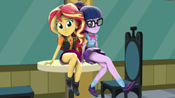 Size: 1920x1080 | Tagged: safe, artist:ontheedgeht, derpibooru import, sci-twi, sunset shimmer, twilight sparkle, human, equestria girls, equestria girls series, g4, 3d, arms, blouse, boots, bowtie, breasts, bust, chair, clothes, crossed legs, duo, duo female, female, fingers, glasses, hand, happy, leather vest, legs, long hair, ponytail, puffy sleeves, shoes, shoulderless, sitting, skirt, smiling, socks, source filmmaker, table, teenager, top, window