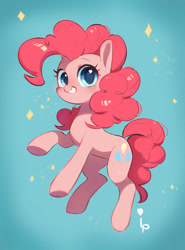 Size: 1000x1352 | Tagged: safe, artist:inkypuso, derpibooru import, pinkie pie, earth pony, pony, g4, cute, diapinkes, female, looking at you, mare, pink pony, signature, smiling, smiling at you, solo, sparkles, tail, three quarter view