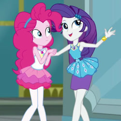 Size: 440x440 | Tagged: safe, derpibooru import, pinkie pie, rarity, human, better together, equestria girls, g4, super squad goals, bare shoulders, clothes, duo, duo female, female, rah rah skirt, rarity peplum dress, skirt, slender, thin