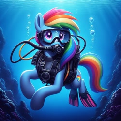 Size: 1024x1024 | Tagged: safe, ai content, derpibooru import, generator:bing image creator, generator:dall-e 3, machine learning generated, rainbow dash, pegasus, bubble, coral, crepuscular rays, dive mask, diving, flippers (gear), flowing mane, flowing tail, goggles, hose, ocean, prompter:sonicstreak5344, scuba diving, scuba gear, sunlight, swimming, tail, underwater, water