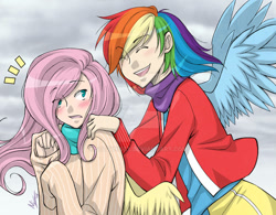 Size: 1013x789 | Tagged: safe, artist:sotwnisey, derpibooru import, fluttershy, rainbow dash, human, 2014, female, flutterdash, humanized, lesbian, old art, shipping