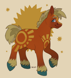 Size: 1152x1255 | Tagged: safe, artist:beyhr, derpibooru import, oc, oc only, oc:saguaro, earth pony, pony, art trade, beige background, blaze (coat marking), blonde, blonde mane, blonde tail, blue eyes, chest fluff, coat markings, colored eyebrows, colored fetlocks, colored hooves, earth pony oc, facial markings, leg fluff, looking back, male, orange coat, profile, raised hoof, raised leg, short mane, short tail, signature, simple background, smiling, solo, stallion, standing, tail, two toned mane, two toned tail, unshorn fetlocks, wingding eyes