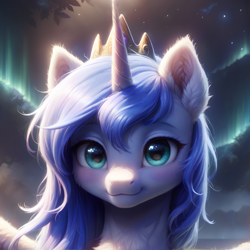 Size: 1280x1280 | Tagged: safe, ai content, alternate version, artist:adorablebluefox, derpibooru exclusive, derpibooru import, machine learning assisted, princess luna, alicorn, pony, g4, aurora borealis, beautiful, chest fluff, close-up, cute, detailed, detailed background, ear fluff, ears, female, fluffy, horn, jewelry, looking at you, lunabetes, mare, nature, night, outdoors, pretty, sky, smiling, solo, stars, tiara, tree