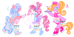 Size: 2048x1038 | Tagged: safe, artist:eyerealm, artist:junglicious64, derpibooru import, oc, oc only, earth pony, pony, adoptable, apron, arm warmers, ballerina, ballet slippers, bipedal, blue eyelashes, blue eyes, blue mane, blue tail, blush sticker, blushing, clothes, colored eyelashes, colored pupils, curly hair, curly mane, curly tail, diner uniform, dress, drink, earth pony oc, eyelashes, eyeshadow, female, for sale, glass, hair bun, hat, headpiece, heart, heart eyes, hoof hold, ice skates, juice, leg warmers, licking, licking lips, lidded eyes, long mane, long tail, looking back, makeup, mare, multicolored mane, multicolored tail, neck bow, open mouth, open smile, orange mane, orange tail, pink coat, pink eyelashes, pink mane, pink tail, plate, platter, ponytail, purple eyes, rearing, roller skates, simple background, skates, skirt, smiling, starry eyes, straw, tail, text, tied mane, tongue, tongue out, trio, trio female, tutu, two toned mane, two toned tail, unnamed oc, waitress, watermark, white background, white coat, wingding eyes