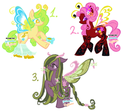 Size: 2048x1849 | Tagged: safe, artist:eyerealm, artist:junglicious64, derpibooru import, oc, oc only, butterfly, hybrid, pony, adoptable, antennae, braid, braided tail, butterfly pony, butterfly wings, closed mouth, clothes, coat markings, colored eyelashes, colored pupils, colored wings, cream coat, cup, curly eyelashes, curly hair, curly mane, curly tail, cyan eyelashes, ears back, female, filigree, flower, flower in hair, for sale, frown, golden eyes, green mane, green tail, hair accessory, hair bun, hoof hold, leg markings, leg warmers, lidded eyes, long mane, long tail, looking back, multicolored wings, pink eyes, pink mane, pink tail, profile, purple coat, purple eyelashes, purple eyes, raised hoof, raised leg, rearing, red coat, shoes, simple background, smiling, socks (coat marking), spread wings, standing, straight mane, tail, teacup, tied mane, tied tail, transparent wings, trio, two toned mane, two toned tail, unnamed oc, unusual pupils, updo, white background, wingding eyes, wings