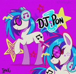 Size: 1600x1556 | Tagged: safe, artist:inzomniak, derpibooru import, dj pon-3, vinyl scratch, pony, unicorn, g4, bust, colored pinnae, concave belly, emanata, female, glasses, head turn, headphones, horn, looking at you, mare, name, open mouth, open smile, outline, profile, purple background, raised hoof, raised leg, shadow, signature, simple background, smiling, smiling at you, solo, stars, sticker, text, vinyl's glasses, walking