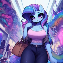 Size: 1024x1024 | Tagged: safe, ai content, derpibooru import, machine learning generated, oc, oc only, anthro, unicorn, adorasexy, bag, beautiful, big breasts, breasts, busty oc, cleavage, clothes, creature, curvy, cute, female, handbag, horn, huge breasts, looking at you, looking down, looking down at you, mall, midriff, monster, not rarity, open mouth, pants, prompter:horselover fat, sexy, shopping, short shirt, smiling, solo, standing, surreal, tanktop, unicorn oc, walking, weird