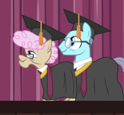 Size: 706x658 | Tagged: safe, derpibooru import, screencap, apple bloom, scootaloo, sweetie belle, pony, g4, growing up is hard to do, aquamarine robe, being big is all it takes, cutie mark crusaders, female, graduation cap, hat, male, mare, rosy sapphire, stallion