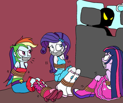 Size: 1083x907 | Tagged: safe, artist:bugssonicx, derpibooru import, rainbow dash, rarity, twilight sparkle, human, equestria girls, g4, arm behind back, bondage, bound and gagged, car, fall formal outfits, gag, kidnapped, rope, rope bondage, silhouette, tape, tape gag, van