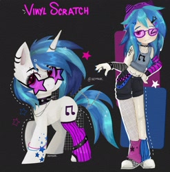 Size: 2034x2062 | Tagged: safe, artist:inzomniak, derpibooru import, dj pon-3, vinyl scratch, human, pony, unicorn, equestria girls, g4, alternate design, alternate hairstyle, arm warmers, beanie, belly button, belly piercing, black background, bridge piercing, choker, clothes, colored eyebrows, colored pinnae, converse, ear fluff, ear piercing, earring, ears, emanata, eyebrow piercing, eyebrows, eyelashes, female, fishnets, glasses, glowstick, grid, hairclip, hat, head turn, high res, horn, horn ring, jewelry, leg warmers, lip piercing, looking at you, looking up, mare, name, necklace, one eye closed, outline, painted nails, piercing, raised hoof, raised leg, ring, self paradox, self ponidox, shoes, shorts, signature, simple background, smiling, smiling at you, sparkles, spiked choker, spiked wristband, standing, stars, sticker, tanktop, tattoo, text, wall of tags, wink, winking at you, wristband