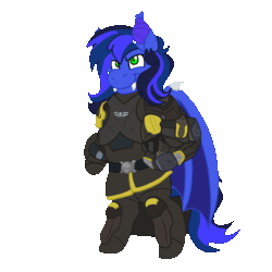 Size: 1500x1500 | Tagged: safe, artist:euspuche, derpibooru import, oc, oc only, oc:guard cobalt flash, bat pony, animated, bat pony oc, bipedal, commission, fangs, gif, helldivers, helmet, salute, simple background, transparent background, ych result