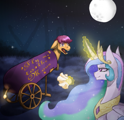 Size: 828x805 | Tagged: safe, artist:elementalsiri, derpibooru import, princess celestia, scootaloo, alicorn, pegasus, pony, g4, cannon, fuse, glowing, glowing horn, handkerchief, horn, jewelry, magic, magic aura, moon, pony cannonball, redraw, regalia, telekinesis, this will end in tears and/or a journey to the moon, to the moon, trollestia