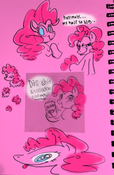 Size: 1338x2048 | Tagged: safe, artist:chipchapp, derpibooru import, pinkie pie, pony, blue eyes, can, curly hair, curly mane, dialogue, drink, female, limited palette, mare, narrowed eyes, open mouth, open smile, pink coat, pink mane, profile, raised hoof, raised leg, root beer, sketch, sketch dump, smiling, soda, soda can, solo, speech bubble, text, tongue, tongue out, traditional art, vulgar, wingding eyes