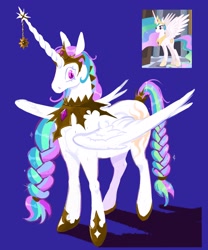 Size: 2500x3000 | Tagged: safe, artist:cracklewink, derpibooru import, princess celestia, alicorn, pony, g4, alternate design, alternate hairstyle, alternate tailstyle, blue background, braid, braided ponytail, braided tail, crown, female, high res, hoof shoes, horn, horn accessory, jewelry, long horn, mare, multicolored mane, multicolored tail, no mouth, partially open wings, peytral, pink eyes, ponytail, princess shoes, redesign, regalia, shadow, shiny mane, shiny tail, simple background, solo, standing, tail, tiara, tied mane, tied tail, white coat, wide eyes, wingding eyes, wings