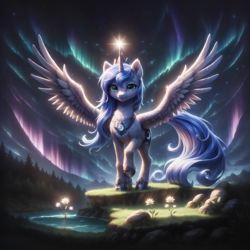 Size: 5312x5312 | Tagged: safe, ai content, artist:adorablebluefox, derpibooru import, machine learning assisted, princess luna, alicorn, pony, g4, absurd resolution, aurora borealis, backlighting, beautiful, chest fluff, cute, detailed, detailed background, ear fluff, ears, feathered wings, female, flower, fluffy, forest, full body, glowing, glowing horn, grass, hoof fluff, horn, jewelry, lake, looking at you, lunabetes, mare, nature, night, outdoors, pretty, raised hoof, raised leg, regalia, rock, scenery, scenery porn, sky, smiling, solo, spread wings, standing, starry mane, starry night, starry tail, stars, tail, tiara, tree, water, wing fluff, wings