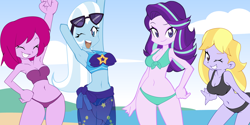 Size: 2800x1400 | Tagged: safe, artist:aokushan, derpibooru import, fuchsia blush, lavender lace, starlight glimmer, trixie, equestria girls, beach, clothes, swimsuit