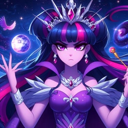 Size: 1024x1024 | Tagged: safe, ai content, derpibooru import, generator:bing image creator, generator:dall-e 3, machine learning generated, twilight sparkle, twilight sparkle (alicorn), alicorn, human, g4, empress, prompter:mysticsunrise87, solo, unamused