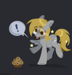 Size: 1200x1256 | Tagged: safe, artist:inzomniak, derpibooru import, derpy hooves, pegasus, pony, g4, :p, bipedal, cute, derpabetes, exclamation point, eye clipping through hair, eyebrows, eyebrows visible through hair, female, food, gray background, mare, muffin, signature, simple background, solo, stars, tongue, tongue out