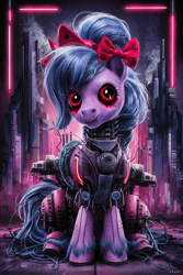 Size: 768x1152 | Tagged: safe, ai content, derpibooru import, machine learning generated, oc, oc only, oc:cosmia nebula, cyborg, creepy, frankenpony, generator:ideogram 1.0, poster, prompt in description, prompter:kopaleo, solo