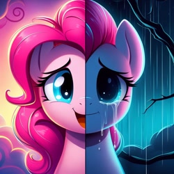 Size: 1024x1024 | Tagged: safe, ai content, derpibooru import, generator:dall-e 3, machine learning generated, pinkie pie, g4, crying, happy, prompter:doomguy397, rain, sad, smiling, solo focus, storm