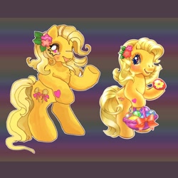 Size: 900x900 | Tagged: safe, artist:larvaecandy, derpibooru import, butterscotch, butterscotch (g3), fluttershy, earth pony, pony, g3, basket, bipedal, blonde, blonde mane, blonde tail, blushing, chest fluff, curly hair, curly mane, curly tail, duo, duo female, easter, easter egg, egg, female, flower, flower in hair, golden eyes, heart, heart eyes, heart mark, hoof hold, long mane, long tail, looking at you, mare, open mouth, open smile, patterned background, rule 63, self paradox, self ponidox, smiling, smiling at you, tail, wingding eyes, yellow coat, yellow mane, yellow tail