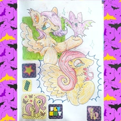 Size: 1080x1080 | Tagged: safe, artist:larvaecandy, derpibooru import, fluttershy, bat, fruit bat, pegasus, pony, g4, abstract background, bust, chest fluff, colored ear fluff, colored eyebrows, colored mouth, colored pencil drawing, curly hair, curly mane, cute, cute little fangs, duality, duo, duo female, ear fluff, ear tufts, ears, emanata, fangs, female, hoof out, looking at someone, mare, neck fluff, open mouth, open smile, passepartout, pink mane, profile, self paradox, self ponidox, short hair fluttershy, short mane, smiling, spread wings, sticker, teal eyes, traditional art, wingding eyes, wings, yellow coat