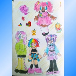 Size: 1080x1080 | Tagged: safe, artist:larvaecandy, derpibooru import, fluttershy, pinkie pie, rainbow dash, twilight sparkle, human, g4, abstract background, blue eyes, blue yes, bracelet, clothes, colored eyebrows, colored pencil drawing, cutie mark on clothes, dark skin, dress, female, group, hair bun, humanized, jewelry, knee high socks, leggings, light skin, mary janes, multicolored hair, narrowed eyes, open mouth, open smile, pale skin, pigtails, pink eyes, pink hair, purple hair, quartet, rainbow hair, shirt, shoes, short hair, short hair rainbow dash, skirt, smiling, smoldash, sneakers, socks, sports bra, sticker, sweater, sweatershy, tallershy, tan skin, traditional art, wingding eyes