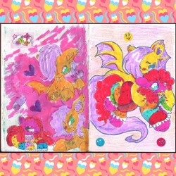 Size: 1080x1080 | Tagged: safe, artist:larvaecandy, derpibooru import, fluttershy, pinkie pie, bat pony, earth pony, pony, g4, abstract background, bat ponified, blue eyes, chest fluff, clown outfit, colored hooves, colored pencil drawing, colored pinnae, curly hair, curly mane, curly tail, duality, ear tufts, female, floating heart, flutterbat, hatching (technique), heart, heart ears, long mane, long tail, mare, marker drawing, pink coat, pink mane, pink tail, pinkamena diane pie, race swap, shiny mane, shiny tail, sitting, sketch, sketch dump, spread wings, sticker, tail, traditional art, triality, unshorn fetlocks, wingding eyes, wings, yellow coat