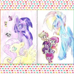 Size: 1080x1080 | Tagged: safe, artist:larvaecandy, derpibooru import, applejack, fluttershy, pinkie pie, rainbow dash, rarity, twilight sparkle, unicorn twilight, pegasus, pony, unicorn, g4, g4.5, blue coat, bust, colored pencil drawing, colored pinnae, colored sketch, eyelashes, female, glasses, heart ears, horn, leg fluff, mane six, mare, multicolored hair, multicolored mane, patterned background, pink eyes, pink mane, profile, purple coat, purple eyes, purple mane, rainbow hair, raised hooves, round glasses, short horn, sketch, sketch dump, smiling, spread wings, sticker, teal eyes, traditional art, two toned mane, unicorn horn, unshorn fetlocks, wavy mane, wingding eyes, wings, yellow coat
