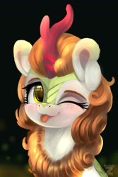 Size: 1200x1800 | Tagged: safe, artist:darksly, derpibooru import, autumn blaze, kirin, g4, :p, awwtumn blaze, blushing, cute, female, horn, kirinbetes, looking at you, one eye closed, smiling, smiling at you, solo, tongue, tongue out, wink, winking at you