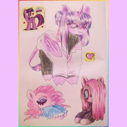 Size: 1080x1080 | Tagged: safe, artist:larvaecandy, derpibooru import, pinkie pie, twilight sparkle, alicorn, earth pony, pony, g4, blue eyes, border, clothes, cloven hooves, colored pencil drawing, colored pinnae, curly hair, curly mane, duality, eye clipping through hair, eyelashes, eyes closed, eyeshadow, female, floating heart, folded wings, glasses, group, hair bun, heart, lab coat, leonine tail, looking at you, makeup, mare, multicolored mane, multicolored tail, nightgown, pink coat, pink mane, pinkamena diane pie, purple coat, purple eyes, quartet, round glasses, shiny mane, shiny tail, small glasses, smiling, standing, staring into your soul, sticker, straight mane, sweater, tail, tied mane, traditional art, turtleneck, wingding eyes, wings