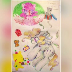 Size: 1080x1080 | Tagged: safe, artist:larvaecandy, derpibooru import, pinkie pie (g3), starsong, pegasus, pony, g3, abstract background, blonde, blonde mane, blonde tail, colored pencil drawing, colored pinnae, cream coat, curly hair, curly mane, curly tail, female, looking at you, mare, no mouth, purple coat, purple eyes, purple mane, spread wings, staring into your soul, sticker, tail, traditional art, wings, zoom layer