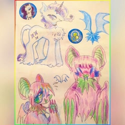 Size: 1080x1080 | Tagged: safe, artist:larvaecandy, derpibooru import, rarity, oc, bat, classical unicorn, pony, unicorn, g4, alternate design, alternate eye color, chest fluff, choker, cloven hooves, colored horn, colored pencil drawing, colored pinnae, female, horn, leonine tail, long tail, mare, non-pony oc, profile, purple eyes, purple mane, purple tail, shiny mane, shiny tail, short mane, smiling, sticker, tail, tail fluff, traditional art, trio, unshorn fetlocks, white coat